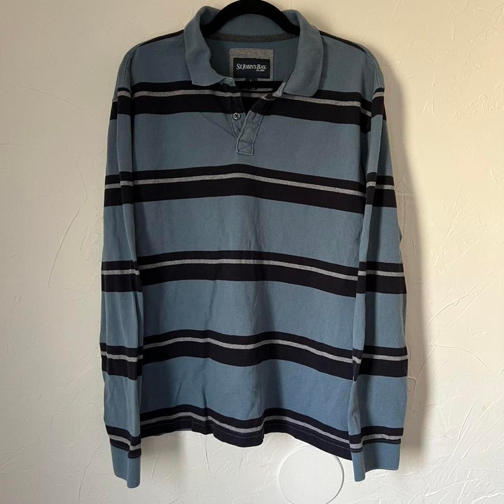 St. Johns Bay Striped Rugby Polo Shirt Long Sleeve Mens L Preppy Blue Gray 90s